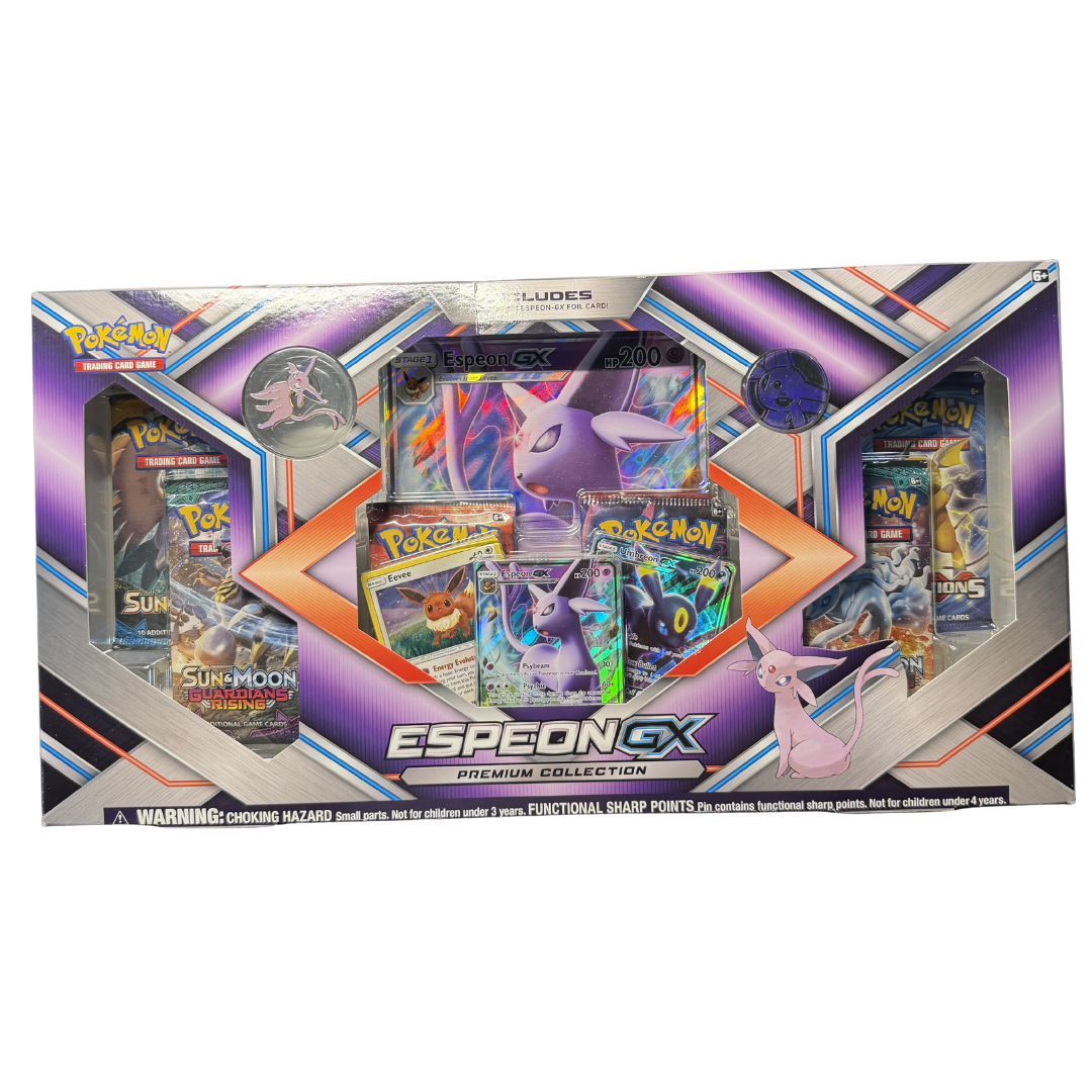 Pokémon Espeon-GX Premium Collection contents: 3 foil promos, oversize card, pin, coin, 6 booster packs