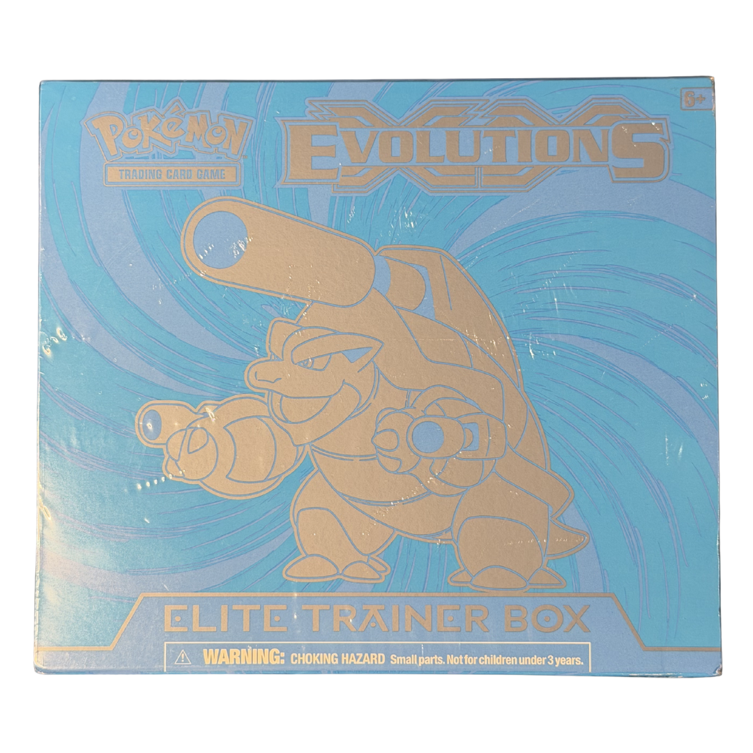 Sealed Pokémon XY Evolutions Elite Trainer Box, Mega Blastoise artwork on collector's box front