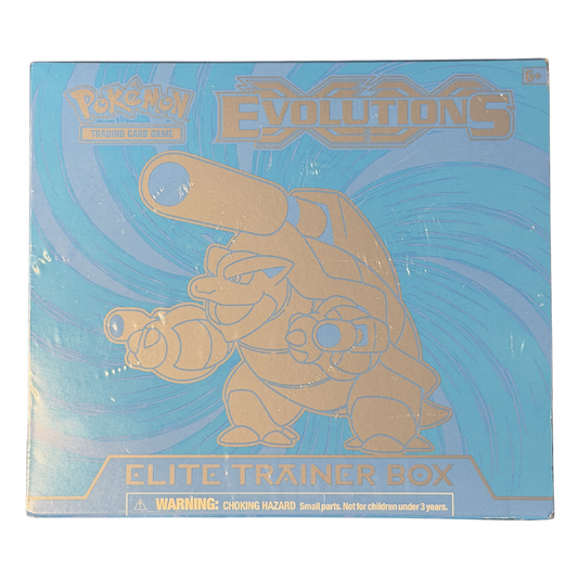 Sealed Pokémon XY Evolutions Elite Trainer Box, Mega Blastoise artwork on collector's box front